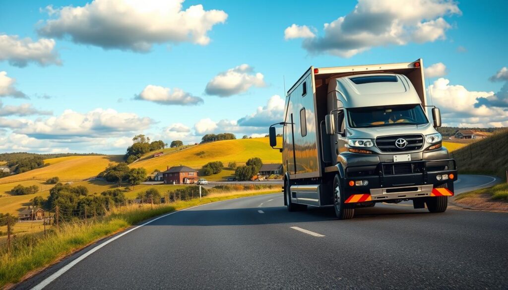 A modern car transport truck navigating a winding road through a picturesque rural landscape. In the foreground, the truck's sturdy frame and glossy paint catch the warm afternoon sunlight, while in the middle ground, rolling hills dotted with lush greenery and the occasional farmhouse provide a serene backdrop. The sky above is a brilliant blue, with fluffy white clouds casting gentle shadows across the scene. The composition conveys a sense of efficiency, reliability, and the peaceful tranquility of the Sweet Home region, inviting the viewer to trust this company's expertise in delivering vehicles safely to their destination. A modern car transport truck navigating a winding road through a picturesque rural landscape. In the foreground, the truck's sturdy frame and glossy paint catch the warm afternoon sunlight, while in the middle ground, rolling hills dotted with lush greenery and the occasional farmhouse provide a serene backdrop. The sky above is a brilliant blue, with fluffy white clouds casting gentle shadows across the scene. The composition conveys a sense of efficiency, reliability, and the peaceful tranquility of the Sweet Home region, inviting the viewer to trust this company's expertise in delivering vehicles safely to their destination.