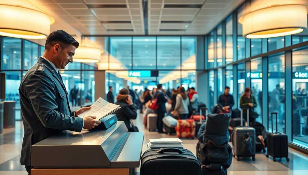 A modern customs office, illuminated by warm overhead lighting and large windows. In the foreground, a uniformed customs official examines documents and packages at a sleek, minimalist inspection desk. The middle ground features a queue of travelers patiently waiting to clear customs, their luggage and belongings neatly organized. In the background, the bustling activity of the airport terminal can be seen through the glass walls, creating a sense of efficiency and international connectivity. The overall atmosphere conveys a streamlined, professional customs process that prioritizes both security and passenger convenience.