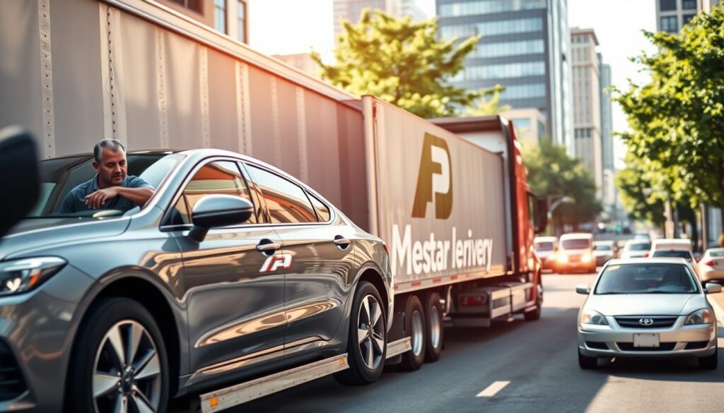 A modern, professional auto transport service in Medford, with a fleet of well-maintained trucks and experienced drivers. In the foreground, a sleek car being carefully loaded onto a truck, the driver double-checking the secure fit. In the middle ground, the company's logo prominently displayed on the side of the truck, conveying reliability and expertise. The background features the bustling streets of Medford, with tall buildings and lush greenery, suggesting the company's deep local roots. The lighting is warm and natural, creating a sense of professionalism and trustworthiness. The overall composition is well-balanced, with a focus on the central car transport process, emphasizing the core service offered by this Medford auto delivery company. A modern, professional auto transport service in Medford, with a fleet of well-maintained trucks and experienced drivers. In the foreground, a sleek car being carefully loaded onto a truck, the driver double-checking the secure fit. In the middle ground, the company's logo prominently displayed on the side of the truck, conveying reliability and expertise. The background features the bustling streets of Medford, with tall buildings and lush greenery, suggesting the company's deep local roots. The lighting is warm and natural, creating a sense of professionalism and trustworthiness. The overall composition is well-balanced, with a focus on the central car transport process, emphasizing the core service offered by this Medford auto delivery company.
