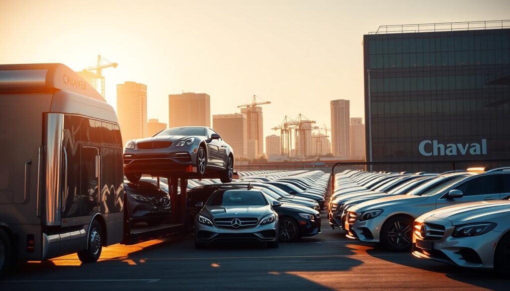 A modern, sleek Jacksonville car shipping facility set against a backdrop of a bustling urban skyline. In the foreground, a gleaming car carrier truck is loading up multiple vehicles, its powerful hydraulic lift system in action. The middle ground features a fleet of well-maintained, diverse cars awaiting transport, their pristine exteriors reflecting the sunlight. In the background, towering office buildings and cranes dot the horizon, creating a sense of efficiency and professionalism. The scene is illuminated by warm, golden-hour lighting, casting long shadows and giving the image a polished, high-quality feel. The overall atmosphere conveys a reliable, top-rated car shipping company catering to discerning Jacksonville drivers. A modern, sleek Jacksonville car shipping facility set against a backdrop of a bustling urban skyline. In the foreground, a gleaming car carrier truck is loading up multiple vehicles, its powerful hydraulic lift system in action. The middle ground features a fleet of well-maintained, diverse cars awaiting transport, their pristine exteriors reflecting the sunlight. In the background, towering office buildings and cranes dot the horizon, creating a sense of efficiency and professionalism. The scene is illuminated by warm, golden-hour lighting, casting long shadows and giving the image a polished, high-quality feel. The overall atmosphere conveys a reliable, top-rated car shipping company catering to discerning Jacksonville drivers.