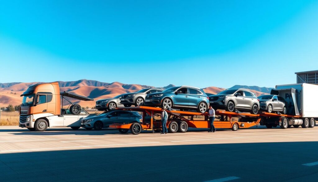 A modern, sleek auto transport company facility with a fleet of well-maintained car carriers in the foreground. The middle ground showcases the efficient loading and unloading process, with skilled drivers carefully handling the vehicles. In the background, a serene landscape with rolling hills and a clear blue sky, conveying a sense of reliability and professionalism. The lighting is warm and natural, highlighting the company's attention to detail and customer service. The overall composition suggests a trustworthy and dependable auto transport service. A modern, sleek auto transport company facility with a fleet of well-maintained car carriers in the foreground. The middle ground showcases the efficient loading and unloading process, with skilled drivers carefully handling the vehicles. In the background, a serene landscape with rolling hills and a clear blue sky, conveying a sense of reliability and professionalism. The lighting is warm and natural, highlighting the company's attention to detail and customer service. The overall composition suggests a trustworthy and dependable auto transport service.