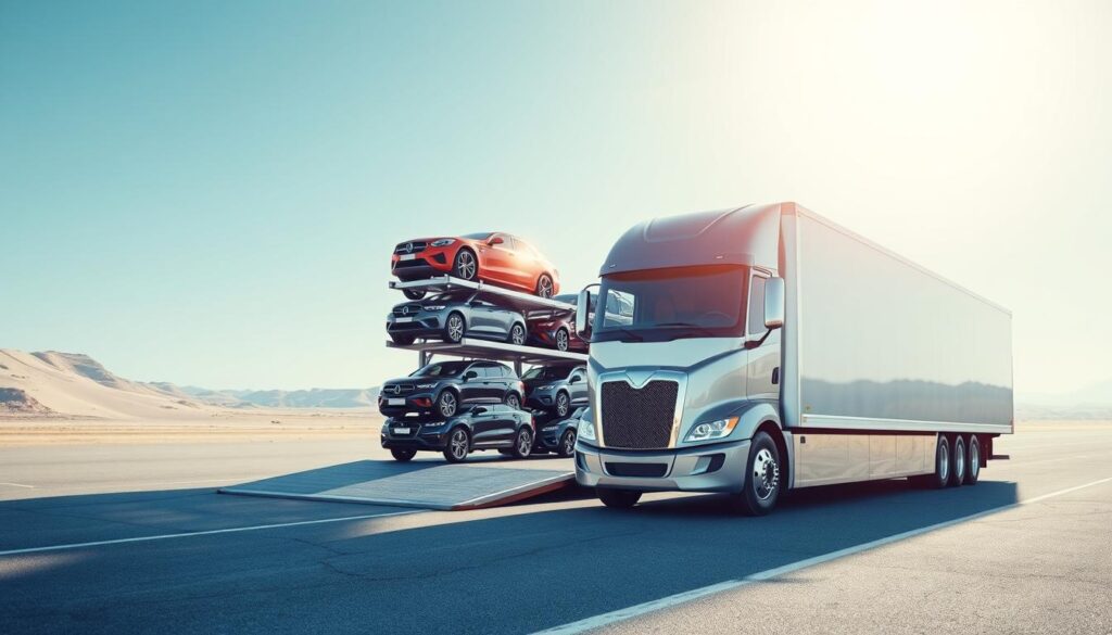 A modern, sleek auto transport truck stands prominently in the foreground, its glossy silver exterior reflecting the sunlight. In the middle ground, a stack of stacked cars awaits loading, their varied colors and models creating a visually interesting composition. The background features a clean, minimalist landscape with a clear blue sky, creating a sense of space and serenity. The lighting is soft and natural, casting gentle shadows that accentuate the details of the vehicles. The overall mood is one of professionalism, efficiency, and reliability, conveying the secure and trustworthy nature of the auto transport service.