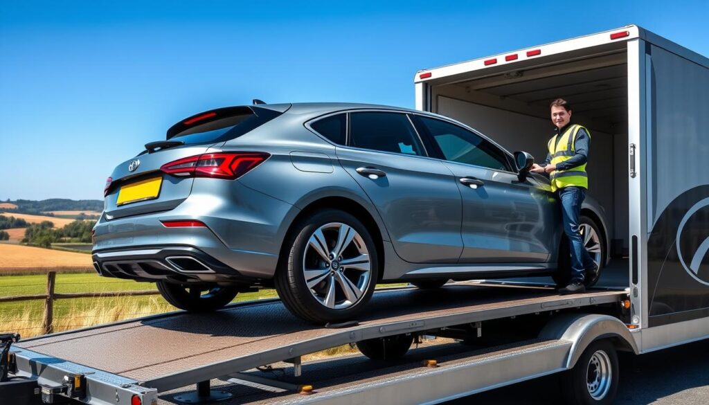 A modern, sleek car being loaded onto a car shipping trailer with a professional driver overseeing the process. The car is positioned at an angle, its gleaming exterior reflecting the bright sunlight. In the background, a clear blue sky and rolling hills create a serene, rural setting. The trailer is outfitted with safety equipment, and the driver is wearing a high-visibility vest, conveying a sense of professionalism and attention to detail. The overall scene exudes efficiency, reliability, and care, capturing the essence of "fast, reliable car shipping in St. Helens with door‑to‑door delivery". A modern, sleek car being loaded onto a car shipping trailer with a professional driver overseeing the process. The car is positioned at an angle, its gleaming exterior reflecting the bright sunlight. In the background, a clear blue sky and rolling hills create a serene, rural setting. The trailer is outfitted with safety equipment, and the driver is wearing a high-visibility vest, conveying a sense of professionalism and attention to detail. The overall scene exudes efficiency, reliability, and care, capturing the essence of "fast, reliable car shipping in St. Helens with door‑to‑door delivery".