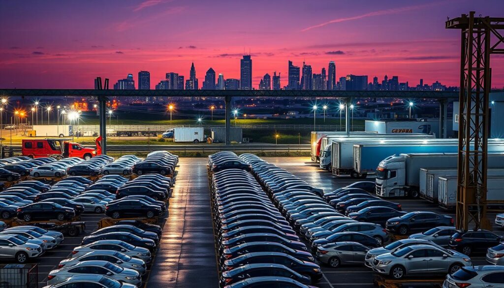 A modern, sleek car shipping facility nestled in the bustling heart of Elmira, its towering steel structures casting long shadows across the well-maintained lot. Rows of gleaming, freshly washed vehicles await their journey, surrounded by the hustle and bustle of workers efficiently loading and unloading cargo. Vibrant lighting illuminates the scene, creating a sense of energy and purpose. In the background, the city skyline rises, a testament to Elmira's thriving automotive industry. The overall impression is one of a well-oiled, professional operation dedicated to reliable, hassle-free car shipping and auto transport solutions. A modern, sleek car shipping facility nestled in the bustling heart of Elmira, its towering steel structures casting long shadows across the well-maintained lot. Rows of gleaming, freshly washed vehicles await their journey, surrounded by the hustle and bustle of workers efficiently loading and unloading cargo. Vibrant lighting illuminates the scene, creating a sense of energy and purpose. In the background, the city skyline rises, a testament to Elmira's thriving automotive industry. The overall impression is one of a well-oiled, professional operation dedicated to reliable, hassle-free car shipping and auto transport solutions.