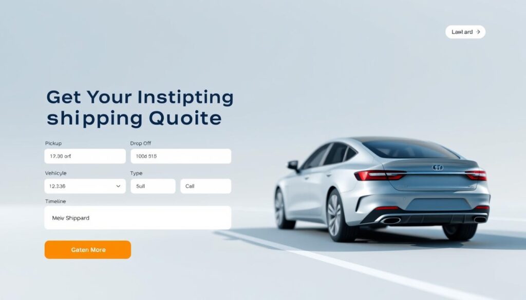 A modern, sleek car shipping quote interface with a clean, minimalist design. The foreground features a prominent "Get Your Instant Shipping Quote" headline in a bold, sans-serif font, along with input fields for details like pickup and drop-off locations, vehicle type, and timeline. The middle ground showcases a 3D rendered car model rotating against a soft, out-of-focus background, emphasizing the service and focus on the customer's vehicle. The background features a subtle, gradient-based color palette in shades of blue and gray, creating a professional, trustworthy atmosphere. Bright, natural lighting casts subtle shadows, giving the scene a sense of depth and realism. The overall composition is balanced and visually appealing, reflecting the reliability and efficiency of the car shipping service. A modern, sleek car shipping quote interface with a clean, minimalist design. The foreground features a prominent "Get Your Instant Shipping Quote" headline in a bold, sans-serif font, along with input fields for details like pickup and drop-off locations, vehicle type, and timeline. The middle ground showcases a 3D rendered car model rotating against a soft, out-of-focus background, emphasizing the service and focus on the customer's vehicle. The background features a subtle, gradient-based color palette in shades of blue and gray, creating a professional, trustworthy atmosphere. Bright, natural lighting casts subtle shadows, giving the scene a sense of depth and realism. The overall composition is balanced and visually appealing, reflecting the reliability and efficiency of the car shipping service.