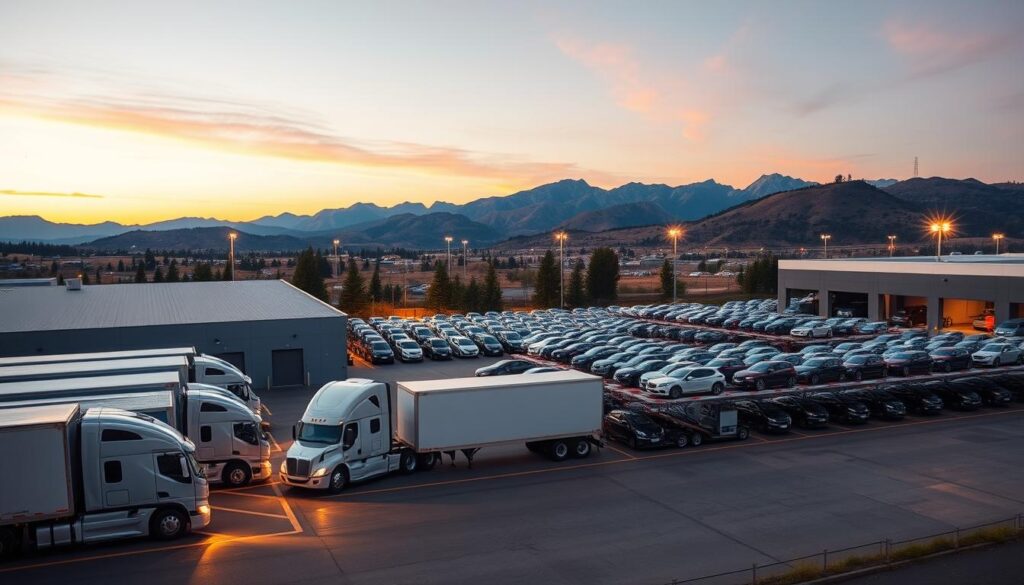 A modern, state-of-the-art car shipping facility nestled amidst a scenic Saratoga landscape. In the foreground, a fleet of gleaming, well-maintained car transport trucks awaits their next load. The middle ground showcases the company's expansive lot, filled with rows of carefully stacked and secured vehicles. In the background, a picturesque mountain range provides a majestic backdrop, bathed in the warm glow of a golden hour sunset. The facility is illuminated by strategically placed floodlights, creating a sense of professionalism and efficiency. The overall atmosphere conveys a reliable, trustworthy, and customer-centric car shipping operation, ready to deliver Saratoga's prized possessions with the utmost care and expertise. A modern, state-of-the-art car shipping facility nestled amidst a scenic Saratoga landscape. In the foreground, a fleet of gleaming, well-maintained car transport trucks awaits their next load. The middle ground showcases the company's expansive lot, filled with rows of carefully stacked and secured vehicles. In the background, a picturesque mountain range provides a majestic backdrop, bathed in the warm glow of a golden hour sunset. The facility is illuminated by strategically placed floodlights, creating a sense of professionalism and efficiency. The overall atmosphere conveys a reliable, trustworthy, and customer-centric car shipping operation, ready to deliver Saratoga's prized possessions with the utmost care and expertise.