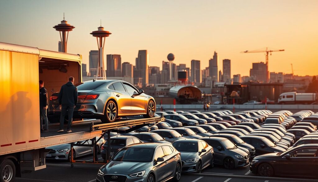 A modern, well-equipped Seattle car shipping facility set against a backdrop of the city's iconic skyline. In the foreground, a team of professionals carefully loading a luxury vehicle onto a specialized transport carrier, ensuring its safe and secure delivery. The scene is bathed in warm, golden-hour lighting, creating a sense of professionalism and attention to detail. The middle ground showcases the facility's organized layout, with rows of neatly parked cars awaiting shipment. In the background, the majestic silhouettes of the Space Needle and other high-rise buildings lend an air of metropolitan sophistication to the scene. The overall composition conveys the reliability, expertise, and commitment to customer satisfaction of a top-rated Seattle auto transport company. A modern, well-equipped Seattle car shipping facility set against a backdrop of the city's iconic skyline. In the foreground, a team of professionals carefully loading a luxury vehicle onto a specialized transport carrier, ensuring its safe and secure delivery. The scene is bathed in warm, golden-hour lighting, creating a sense of professionalism and attention to detail. The middle ground showcases the facility's organized layout, with rows of neatly parked cars awaiting shipment. In the background, the majestic silhouettes of the Space Needle and other high-rise buildings lend an air of metropolitan sophistication to the scene. The overall composition conveys the reliability, expertise, and commitment to customer satisfaction of a top-rated Seattle auto transport company.