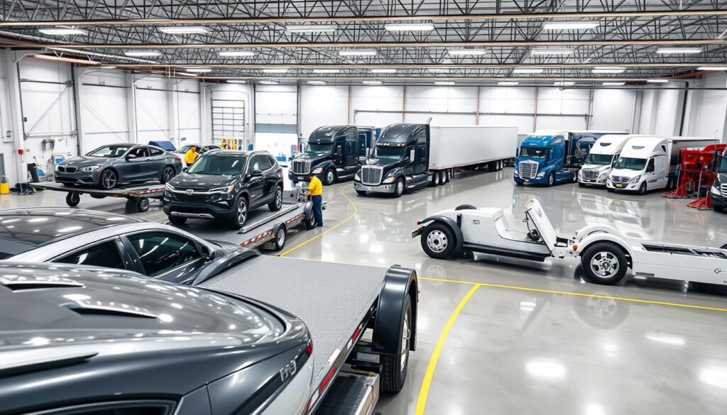 A modern, well-equipped auto transport depot in Cornelius, NC. In the foreground, several robust, shiny car carriers are neatly arranged, ready to safely transport vehicles of all sizes. The middle ground features a large, well-lit garage with technicians meticulously inspecting and preparing cars for shipment. In the background, a fleet of state-of-the-art semi-trucks waits to deliver the vehicles to their final destinations across the country, under the watchful eye of a professional dispatch team. Bright, natural lighting illuminates the scene, conveying a sense of efficiency, reliability, and trust. The overall atmosphere radiates professionalism and attention to detail, reflecting the high-quality auto transport services offered in Cornelius. A modern, well-equipped auto transport depot in Cornelius, NC. In the foreground, several robust, shiny car carriers are neatly arranged, ready to safely transport vehicles of all sizes. The middle ground features a large, well-lit garage with technicians meticulously inspecting and preparing cars for shipment. In the background, a fleet of state-of-the-art semi-trucks waits to deliver the vehicles to their final destinations across the country, under the watchful eye of a professional dispatch team. Bright, natural lighting illuminates the scene, conveying a sense of efficiency, reliability, and trust. The overall atmosphere radiates professionalism and attention to detail, reflecting the high-quality auto transport services offered in Cornelius.