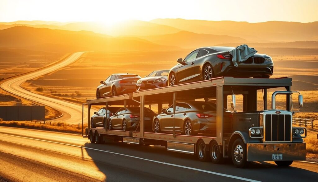A modern, well-equipped auto transport truck carrying several gleaming sedans and SUVs on its expansive, multi-tiered trailer. The truck is captured in a low-angle shot, emphasizing its imposing size and strength. The scene is bathed in warm, golden-hour sunlight that casts long shadows and highlights the vehicles' glossy exteriors. In the background, a wide highway snakes through a landscape of rolling hills and distant mountains, conveying a sense of the truck's nationwide reach and the reliability of its transportation services. The overall mood is one of professionalism, efficiency, and the trustworthiness of a Cheyenne-based auto transport provider with access to a robust carrier network. A modern, well-equipped auto transport truck carrying several gleaming sedans and SUVs on its expansive, multi-tiered trailer. The truck is captured in a low-angle shot, emphasizing its imposing size and strength. The scene is bathed in warm, golden-hour sunlight that casts long shadows and highlights the vehicles' glossy exteriors. In the background, a wide highway snakes through a landscape of rolling hills and distant mountains, conveying a sense of the truck's nationwide reach and the reliability of its transportation services. The overall mood is one of professionalism, efficiency, and the trustworthiness of a Cheyenne-based auto transport provider with access to a robust carrier network.