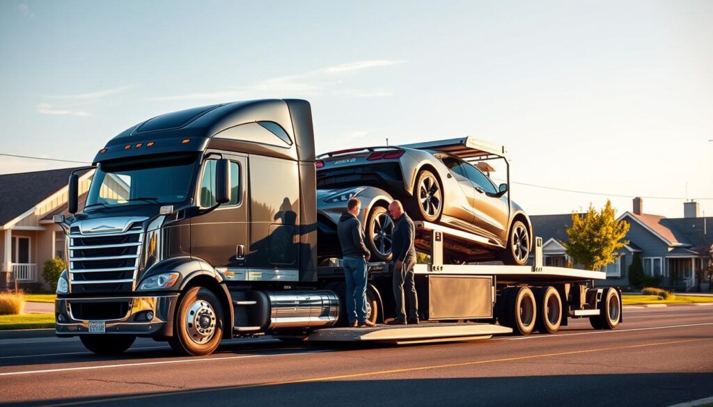 A modern, well-equipped auto transport truck stands prominently in the foreground, its sleek design and shiny exterior conveying a sense of professionalism and reliability. The truck is surrounded by a bustling scene of a local Hermiston, Oregon neighborhood, with quaint homes, lush greenery, and a clear blue sky overhead. Subtle warm lighting casts a welcoming glow, creating an atmosphere of trust and dependability. In the middle ground, a team of experienced auto transport specialists expertly secures a valuable vehicle onto the truck's specialized loading platform, demonstrating their skill and attention to detail. The overall composition suggests a trusted, local service that prioritizes the safe and efficient transport of automobiles. A modern, well-equipped auto transport truck stands prominently in the foreground, its sleek design and shiny exterior conveying a sense of professionalism and reliability. The truck is surrounded by a bustling scene of a local Hermiston, Oregon neighborhood, with quaint homes, lush greenery, and a clear blue sky overhead. Subtle warm lighting casts a welcoming glow, creating an atmosphere of trust and dependability. In the middle ground, a team of experienced auto transport specialists expertly secures a valuable vehicle onto the truck's specialized loading platform, demonstrating their skill and attention to detail. The overall composition suggests a trusted, local service that prioritizes the safe and efficient transport of automobiles.
