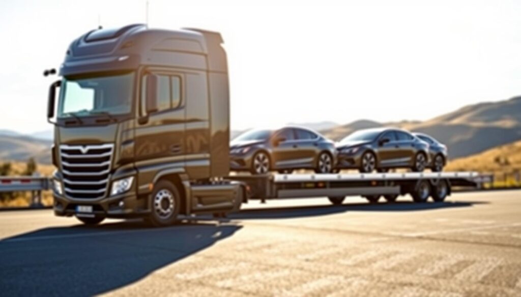 A modern, well-equipped auto transport truck stands prominently in the foreground, its sleek design and sturdy construction conveying a sense of reliability and professionalism. In the middle ground, a group of carefully secured, gleaming cars are being loaded onto the trailer, highlighting the meticulous care taken in the shipping process. The background features a scenic landscape, with rolling hills and a clear blue sky, creating a calming and reassuring atmosphere. The lighting is soft and natural, casting a warm glow over the entire scene and emphasizing the attention to detail and high-quality service provided by the trusted car shipping company. A modern, well-equipped auto transport truck stands prominently in the foreground, its sleek design and sturdy construction conveying a sense of reliability and professionalism. In the middle ground, a group of carefully secured, gleaming cars are being loaded onto the trailer, highlighting the meticulous care taken in the shipping process. The background features a scenic landscape, with rolling hills and a clear blue sky, creating a calming and reassuring atmosphere. The lighting is soft and natural, casting a warm glow over the entire scene and emphasizing the attention to detail and high-quality service provided by the trusted car shipping company.