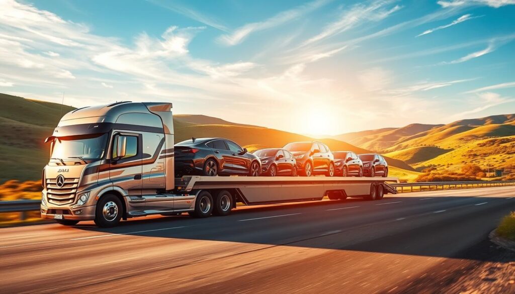A modern, well-equipped auto transport truck transporting several shiny, diverse vehicles with care on a smooth, winding highway. The truck has a sleek, aerodynamic design and is bathed in warm, golden afternoon sunlight that filters through wispy clouds. In the background, lush, rolling hills and a clear blue sky create a serene, picturesque landscape. The scene conveys a sense of professionalism, efficiency, and attention to detail in the vehicle shipping process. A modern, well-equipped auto transport truck transporting several shiny, diverse vehicles with care on a smooth, winding highway. The truck has a sleek, aerodynamic design and is bathed in warm, golden afternoon sunlight that filters through wispy clouds. In the background, lush, rolling hills and a clear blue sky create a serene, picturesque landscape. The scene conveys a sense of professionalism, efficiency, and attention to detail in the vehicle shipping process.