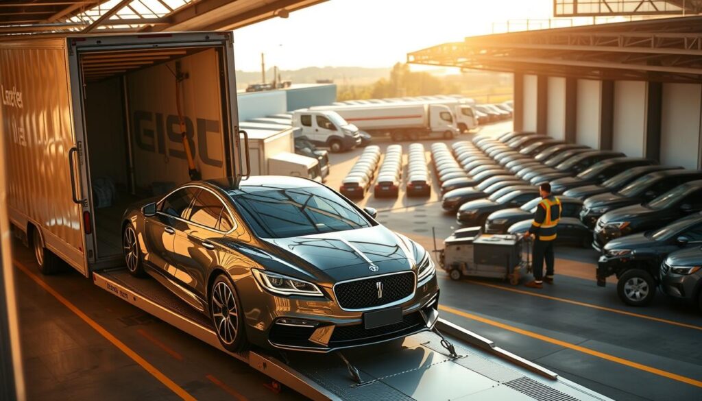 A modern, well-equipped car shipping facility in Gladstone, featuring a fleet of specialized transport trucks. In the foreground, a gleaming luxury sedan is carefully loaded onto a secure, low-profile trailer. In the middle ground, skilled operators oversee the loading process, ensuring the vehicle's safe passage. The background showcases the facility's expansive storage yards, where rows of cars await their turn for transport. Warm, natural lighting casts a soft glow over the scene, conveying a sense of professionalism and reliability. The overall atmosphere exudes an air of trust and attention to detail, reflecting the high-quality car shipping services offered in Gladstone. A modern, well-equipped car shipping facility in Gladstone, featuring a fleet of specialized transport trucks. In the foreground, a gleaming luxury sedan is carefully loaded onto a secure, low-profile trailer. In the middle ground, skilled operators oversee the loading process, ensuring the vehicle's safe passage. The background showcases the facility's expansive storage yards, where rows of cars await their turn for transport. Warm, natural lighting casts a soft glow over the scene, conveying a sense of professionalism and reliability. The overall atmosphere exudes an air of trust and attention to detail, reflecting the high-quality car shipping services offered in Gladstone.
