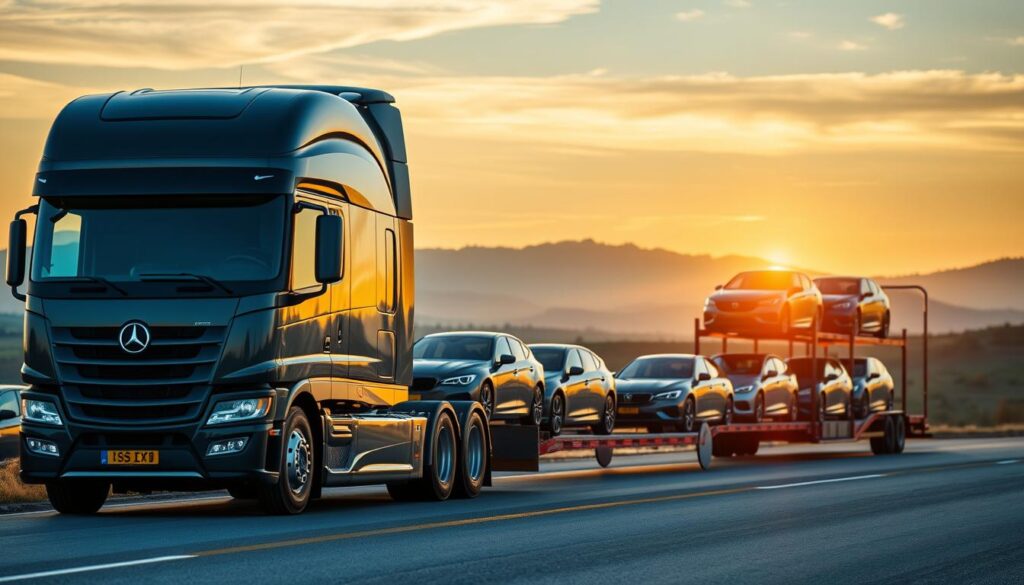 A modern, well-equipped car shipping truck stands prominently in the foreground, its glossy exterior reflecting the warm afternoon sunlight. In the middle ground, a group of neatly stacked cars await their journey, each one carefully secured and protected. The background features a scenic landscape of rolling hills and distant mountains, conveying a sense of reliability and trustworthiness. The overall atmosphere is one of professionalism, efficiency, and attention to detail, perfectly capturing the essence of a reputable auto transport company. A modern, well-equipped car shipping truck stands prominently in the foreground, its glossy exterior reflecting the warm afternoon sunlight. In the middle ground, a group of neatly stacked cars await their journey, each one carefully secured and protected. The background features a scenic landscape of rolling hills and distant mountains, conveying a sense of reliability and trustworthiness. The overall atmosphere is one of professionalism, efficiency, and attention to detail, perfectly capturing the essence of a reputable auto transport company.