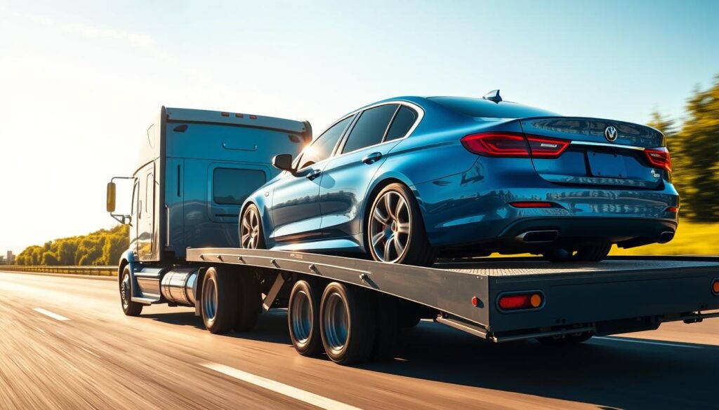 A modern, well-equipped truck transporting a sleek sedan on a smooth highway in Scappoose, Oregon. The truck's exterior is a shiny chrome finish, reflecting the lush greenery and clear sky in the background. The sedan, nestled securely on the truck's flat bed, is a gleaming, metallic-blue hue. Subtle shadows and highlights accentuate the vehicle's curves, creating a sense of depth and realism. Bright, directional lighting casts a warm, inviting glow, suggesting a sunny, late-afternoon setting. The scene conveys a sense of professionalism, reliability, and attention to detail in the local vehicle transport services. A modern, well-equipped truck transporting a sleek sedan on a smooth highway in Scappoose, Oregon. The truck's exterior is a shiny chrome finish, reflecting the lush greenery and clear sky in the background. The sedan, nestled securely on the truck's flat bed, is a gleaming, metallic-blue hue. Subtle shadows and highlights accentuate the vehicle's curves, creating a sense of depth and realism. Bright, directional lighting casts a warm, inviting glow, suggesting a sunny, late-afternoon setting. The scene conveys a sense of professionalism, reliability, and attention to detail in the local vehicle transport services.