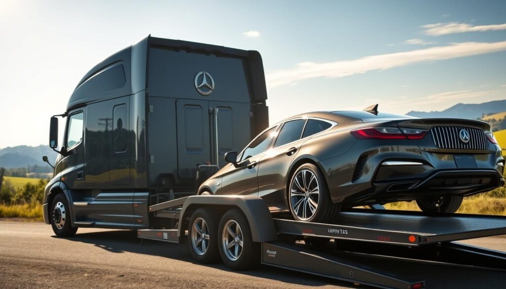 A modern, well-maintained auto transport truck, gleaming in the sunlight, its trailer hitched to a luxury sedan. The truck's cab is sleek and aerodynamic, with a bold logo prominently displayed. In the foreground, the sedan's chrome accents and polished bodywork reflect the surrounding landscape, conveying a sense of care and attention to detail. The middle ground features the truck's hydraulic lift, ready to securely load and unload vehicles. In the background, a scenic McMinnville landscape unfolds, with rolling hills and lush greenery, suggesting the reliable and safe transport of the vehicle to its destination. A modern, well-maintained auto transport truck, gleaming in the sunlight, its trailer hitched to a luxury sedan. The truck's cab is sleek and aerodynamic, with a bold logo prominently displayed. In the foreground, the sedan's chrome accents and polished bodywork reflect the surrounding landscape, conveying a sense of care and attention to detail. The middle ground features the truck's hydraulic lift, ready to securely load and unload vehicles. In the background, a scenic McMinnville landscape unfolds, with rolling hills and lush greenery, suggesting the reliable and safe transport of the vehicle to its destination.