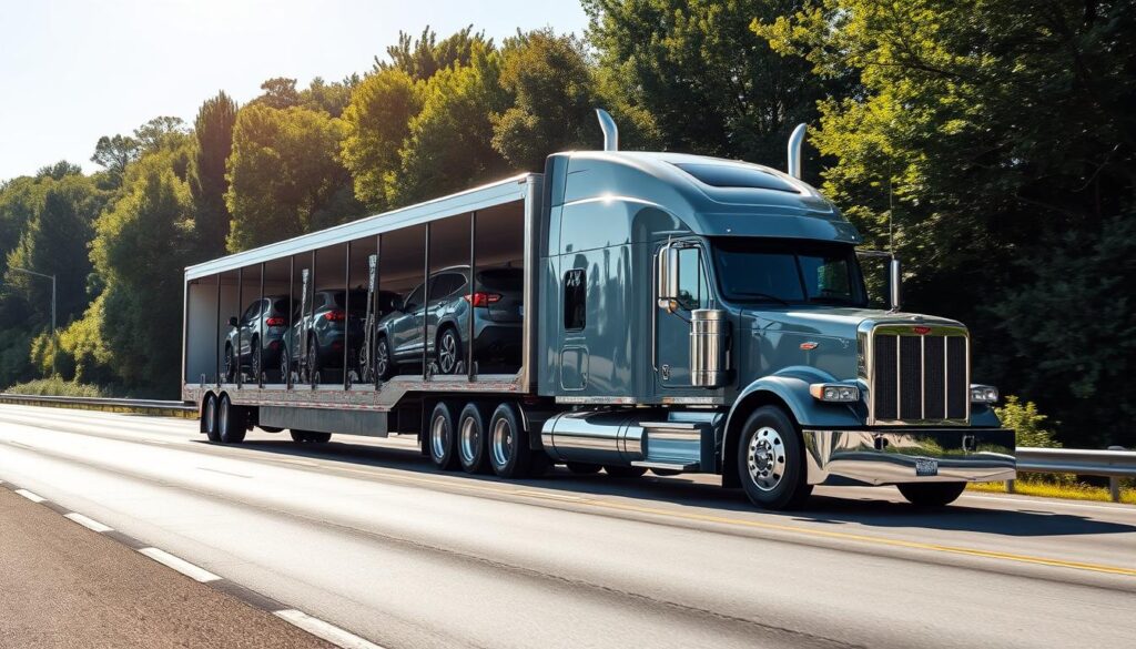 A modern, well-maintained semi-truck transporting a enclosed car carrier trailer on a sun-drenched highway, surrounded by lush green foliage. The truck's gleaming chrome and polished paint create a sense of reliability and professionalism. The car carrier is filled with a diverse array of vehicles, each securely fastened and protected. The scene conveys a mood of trustworthiness, efficiency, and attention to detail, perfectly capturing the essence of a reliable, safe, and professional auto transport service. A modern, well-maintained semi-truck transporting a enclosed car carrier trailer on a sun-drenched highway, surrounded by lush green foliage. The truck's gleaming chrome and polished paint create a sense of reliability and professionalism. The car carrier is filled with a diverse array of vehicles, each securely fastened and protected. The scene conveys a mood of trustworthiness, efficiency, and attention to detail, perfectly capturing the essence of a reliable, safe, and professional auto transport service.