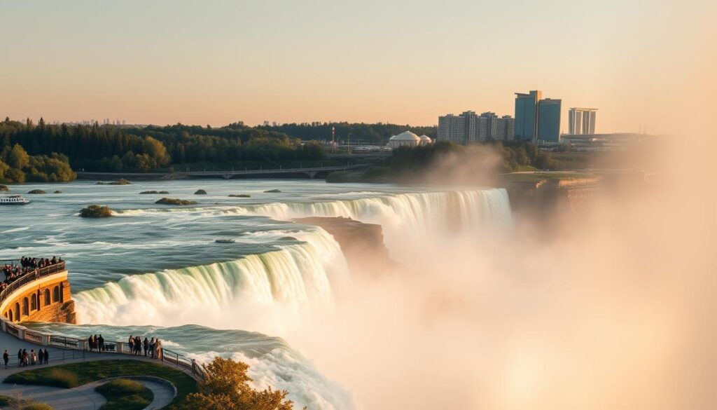 A panoramic view of Niagara Falls in 2025, showcasing the majestic waterfalls and surrounding landscape. The foreground features a well-maintained observation deck with visitors taking in the breathtaking scenery. The middle ground depicts the cascading, powerful waters of the falls, with a slight mist rising and catching the warm, golden sunlight. In the background, modern, eco-friendly hotels and attractions dot the skyline, blending seamlessly with the natural environment. The lighting is soft and diffused, creating a sense of tranquility and wonder. The camera angle is slightly elevated, providing a sweeping, cinematic perspective of the iconic landmark.