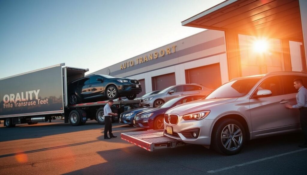 A photo of a busy auto transport depot in Tumwater, WA. In the foreground, a large semi-truck with an open trailer stands ready to load several gleaming cars. In the middle ground, uniformed workers expertly secure the vehicles using sturdy straps and tie-downs. In the background, a modern warehouse facility with the company logo prominently displayed. The scene is bathed in warm, golden afternoon light, conveying a sense of efficiency, reliability, and professionalism. The camera angle is slightly elevated, providing a sweeping view of the entire operation. A photo of a busy auto transport depot in Tumwater, WA. In the foreground, a large semi-truck with an open trailer stands ready to load several gleaming cars. In the middle ground, uniformed workers expertly secure the vehicles using sturdy straps and tie-downs. In the background, a modern warehouse facility with the company logo prominently displayed. The scene is bathed in warm, golden afternoon light, conveying a sense of efficiency, reliability, and professionalism. The camera angle is slightly elevated, providing a sweeping view of the entire operation.