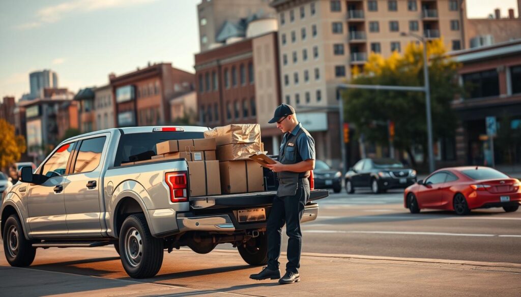 A pickup truck parked in front of a nondescript building, its rear cargo bed loaded with packages ready for delivery. In the foreground, a uniformed delivery driver stands next to the truck, clipboard in hand, carefully inspecting the manifest. The midground features a busy urban street, with cars and pedestrians passing by, creating a sense of energy and movement. The background depicts a typical Binghamton cityscape, with a mix of residential and commercial structures, all bathed in the warm, golden light of a late afternoon sun. The overall scene conveys a sense of efficiency, professionalism, and the reliable logistical operations that are essential to the car shipping and auto transport industry in Binghamton. A pickup truck parked in front of a nondescript building, its rear cargo bed loaded with packages ready for delivery. In the foreground, a uniformed delivery driver stands next to the truck, clipboard in hand, carefully inspecting the manifest. The midground features a busy urban street, with cars and pedestrians passing by, creating a sense of energy and movement. The background depicts a typical Binghamton cityscape, with a mix of residential and commercial structures, all bathed in the warm, golden light of a late afternoon sun. The overall scene conveys a sense of efficiency, professionalism, and the reliable logistical operations that are essential to the car shipping and auto transport industry in Binghamton.