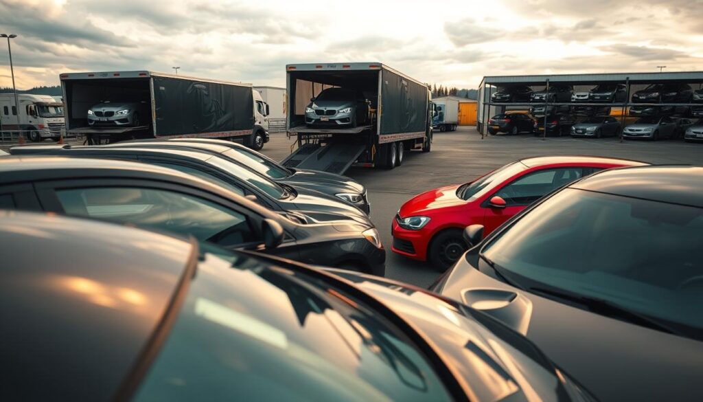 A picturesque scene of a car shipping yard in Spokane Valley, captured with a wide-angle lens. In the foreground, a fleet of gleaming automobiles awaits loading onto specialized car transport trucks, their glossy exteriors reflecting the warm, diffused lighting of the overcast sky. The middle ground features the sturdy, modular car carriers, their hydraulic ramps extended, ready to efficiently load and secure the vehicles. In the background, a well-organized storage area with rows of neatly parked cars, suggesting the scale and efficiency of the Spokane Valley car shipping operation. The overall atmosphere conveys a sense of professionalism, reliability, and attention to detail, perfectly encapsulating the reasons why customers should choose this car shipping service. A picturesque scene of a car shipping yard in Spokane Valley, captured with a wide-angle lens. In the foreground, a fleet of gleaming automobiles awaits loading onto specialized car transport trucks, their glossy exteriors reflecting the warm, diffused lighting of the overcast sky. The middle ground features the sturdy, modular car carriers, their hydraulic ramps extended, ready to efficiently load and secure the vehicles. In the background, a well-organized storage area with rows of neatly parked cars, suggesting the scale and efficiency of the Spokane Valley car shipping operation. The overall atmosphere conveys a sense of professionalism, reliability, and attention to detail, perfectly encapsulating the reasons why customers should choose this car shipping service.