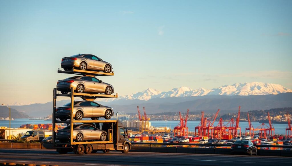 A picturesque seaside city of Everett, Washington serves as the backdrop for a dynamic car shipping scene. In the foreground, a car carrier truck stands tall, its multi-level decks ready to transport a fleet of gleaming vehicles. The middle ground features the bustling port, with cranes and cargo ships dotting the harbor. In the distance, the majestic Olympic Mountains rise, their snow-capped peaks creating a stunning natural tableau. Warm, golden sunlight illuminates the scene, casting long shadows and creating a sense of depth and atmosphere. The overall composition conveys the efficiency and reliability of Everett's auto transport services, seamlessly integrating the industrial and natural elements of this vibrant Pacific Northwest locale. A picturesque seaside city of Everett, Washington serves as the backdrop for a dynamic car shipping scene. In the foreground, a car carrier truck stands tall, its multi-level decks ready to transport a fleet of gleaming vehicles. The middle ground features the bustling port, with cranes and cargo ships dotting the harbor. In the distance, the majestic Olympic Mountains rise, their snow-capped peaks creating a stunning natural tableau. Warm, golden sunlight illuminates the scene, casting long shadows and creating a sense of depth and atmosphere. The overall composition conveys the efficiency and reliability of Everett's auto transport services, seamlessly integrating the industrial and natural elements of this vibrant Pacific Northwest locale.