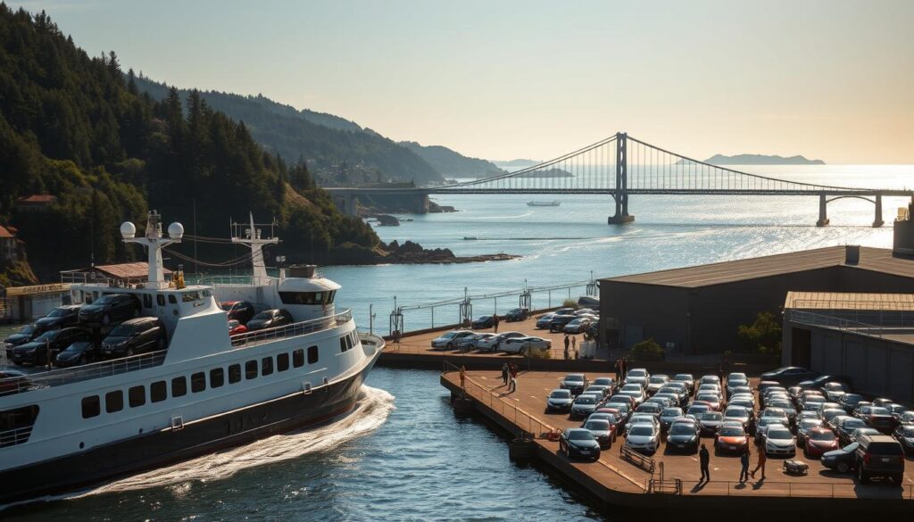 A picturesque seaside town nestled along the rugged Oregon coast, Coos Bay sets the stage for a thrilling car shipping experience. In the foreground, a gleaming car carrier ship deftly navigates the harbor, its cargo bays filled with an array of meticulously loaded vehicles. In the middle ground, a bustling auto transport facility buzzes with activity, as skilled technicians oversee the secure loading and unloading of cars. The background features the majestic Coos Bay Bridge spanning the sparkling waters, framed by the verdant hills and evergreen forests that characterize this scenic region. Warm sunlight bathes the scene, creating a sense of tranquility and efficiency that epitomizes the reliable, customer-focused car shipping services Coos Bay is renowned for. A picturesque seaside town nestled along the rugged Oregon coast, Coos Bay sets the stage for a thrilling car shipping experience. In the foreground, a gleaming car carrier ship deftly navigates the harbor, its cargo bays filled with an array of meticulously loaded vehicles. In the middle ground, a bustling auto transport facility buzzes with activity, as skilled technicians oversee the secure loading and unloading of cars. The background features the majestic Coos Bay Bridge spanning the sparkling waters, framed by the verdant hills and evergreen forests that characterize this scenic region. Warm sunlight bathes the scene, creating a sense of tranquility and efficiency that epitomizes the reliable, customer-focused car shipping services Coos Bay is renowned for.