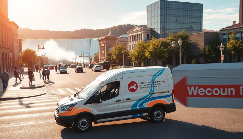 A picturesque urban street in Niagara Falls, with a delivery van prominently displayed in the foreground. The van's side panel features bold graphics and a logo, indicating a local door-to-door courier service. In the middle ground, pedestrians and vehicles navigate the well-maintained sidewalks and roads, capturing the vibrant energy of the city. The background showcases the iconic Niagara Falls, its majestic waterfalls visible in the distance, creating a serene and awe-inspiring backdrop. Warm, golden sunlight filters through the scene, evoking a sense of welcoming and accessibility. The overall composition conveys the seamless integration of reliable transportation and the natural wonder of Niagara Falls.