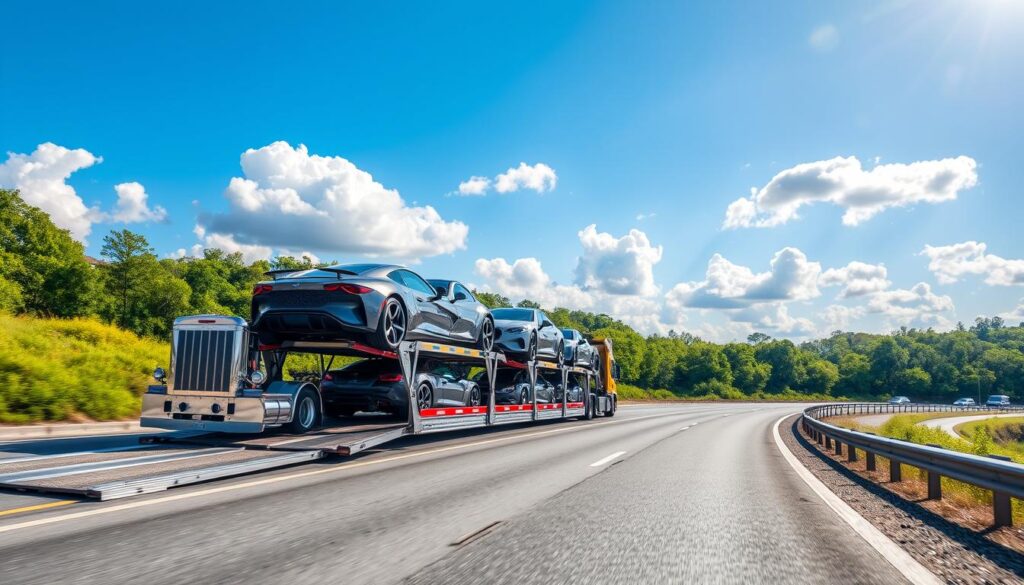 A pristine car carrier transports a fleet of gleaming automobiles down a sun-drenched highway. The sturdy vehicle navigates winding roads, its chrome-accented exterior reflecting the vibrant surroundings. In the foreground, the car carrier's hydraulic ramps extend, ready to efficiently load and unload the precious cargo. The sky is a brilliant azure, with fluffy clouds casting gentle shadows across the lush, verdant landscape. The scene conveys a sense of reliability, professionalism, and attention to detail - capturing the essence of premium car shipping services tailored to the discerning needs of Albany, GA customers. A pristine car carrier transports a fleet of gleaming automobiles down a sun-drenched highway. The sturdy vehicle navigates winding roads, its chrome-accented exterior reflecting the vibrant surroundings. In the foreground, the car carrier's hydraulic ramps extend, ready to efficiently load and unload the precious cargo. The sky is a brilliant azure, with fluffy clouds casting gentle shadows across the lush, verdant landscape. The scene conveys a sense of reliability, professionalism, and attention to detail - capturing the essence of premium car shipping services tailored to the discerning needs of Albany, GA customers.