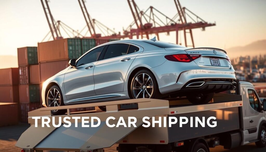 A pristine white car rests on the back of a sleek, silver auto transport truck, its gleaming chrome trim catching the warm afternoon light. The truck is parked against a backdrop of neatly stacked shipping containers and towering cranes, conveying the efficiency and professionalism of a well-organized car shipping operation. The scene is bathed in a soft, golden glow, creating a sense of reliability and trust. The composition is balanced, with the car and truck occupying the foreground, the containers and cranes in the middle ground, and a hazy cityscape visible in the distance, suggesting the car's journey to its final destination. The overall atmosphere is one of calm assurance, reflecting the "Trusted Car Shipping Services" offered in Riverton, UT. A pristine white car rests on the back of a sleek, silver auto transport truck, its gleaming chrome trim catching the warm afternoon light. The truck is parked against a backdrop of neatly stacked shipping containers and towering cranes, conveying the efficiency and professionalism of a well-organized car shipping operation. The scene is bathed in a soft, golden glow, creating a sense of reliability and trust. The composition is balanced, with the car and truck occupying the foreground, the containers and cranes in the middle ground, and a hazy cityscape visible in the distance, suggesting the car's journey to its final destination. The overall atmosphere is one of calm assurance, reflecting the "Trusted Car Shipping Services" offered in Riverton, UT.