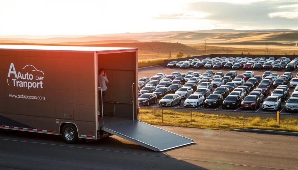 A professional auto transport service operating in Moorcroft, Wyoming. In the foreground, a modern car carrier truck is parked, its rear ramp extended to load or unload vehicles. The truck is painted in a sleek, muted color scheme, with the company's logo prominently displayed. In the middle ground, the service's secure outdoor storage lot is visible, with neatly organized rows of various makes and models of cars awaiting transport. The background features the rolling hills and open skies typical of the Moorcroft region, conveying a sense of reliability and trustworthiness. The overall scene is bathed in warm, natural lighting, creating a professional and inviting atmosphere. A professional auto transport service operating in Moorcroft, Wyoming. In the foreground, a modern car carrier truck is parked, its rear ramp extended to load or unload vehicles. The truck is painted in a sleek, muted color scheme, with the company's logo prominently displayed. In the middle ground, the service's secure outdoor storage lot is visible, with neatly organized rows of various makes and models of cars awaiting transport. The background features the rolling hills and open skies typical of the Moorcroft region, conveying a sense of reliability and trustworthiness. The overall scene is bathed in warm, natural lighting, creating a professional and inviting atmosphere.