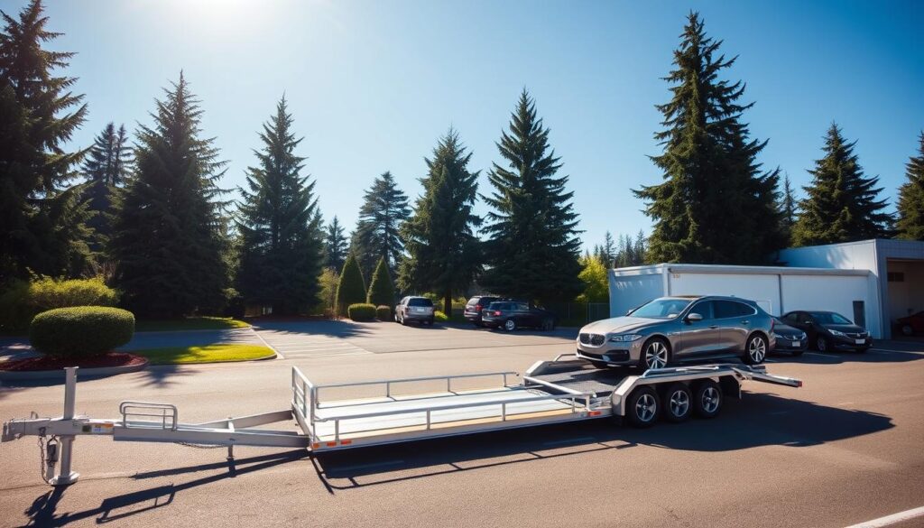 A professional car shipping service facility on Bainbridge Island, WA, under a clear blue sky. In the foreground, a car carrier trailer stands ready to transport a shiny luxury sedan. The middle ground features a well-maintained paved lot with additional vehicles lined up, surrounded by lush greenery and tall evergreen trees. Bright, directional lighting illuminates the scene, casting long shadows and highlighting the clean, modern architecture of the shipping center. The overall atmosphere conveys a sense of efficiency, reliability, and attention to detail in the car transportation process. A professional car shipping service facility on Bainbridge Island, WA, under a clear blue sky. In the foreground, a car carrier trailer stands ready to transport a shiny luxury sedan. The middle ground features a well-maintained paved lot with additional vehicles lined up, surrounded by lush greenery and tall evergreen trees. Bright, directional lighting illuminates the scene, casting long shadows and highlighting the clean, modern architecture of the shipping center. The overall atmosphere conveys a sense of efficiency, reliability, and attention to detail in the car transportation process.