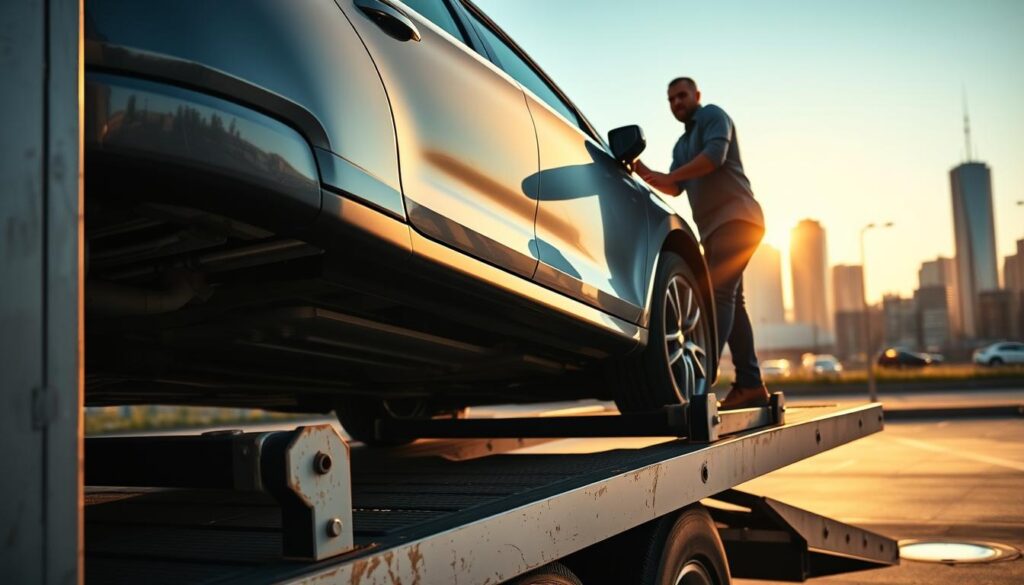 A professional car transporter, with a Buffalo skyline in the background, carefully loading a shiny sedan onto a sturdy car carrier. The scene is bathed in warm, golden afternoon light, casting soft shadows across the smooth, metallic surfaces. The carrier's hydraulic lift gently raises the vehicle, showcasing the driver's expertise and the vehicle's secure transport. In the foreground, the carrier's weathered yet well-maintained exterior reflects the dedication to reliable and safe car shipping services in Buffalo. A professional car transporter, with a Buffalo skyline in the background, carefully loading a shiny sedan onto a sturdy car carrier. The scene is bathed in warm, golden afternoon light, casting soft shadows across the smooth, metallic surfaces. The carrier's hydraulic lift gently raises the vehicle, showcasing the driver's expertise and the vehicle's secure transport. In the foreground, the carrier's weathered yet well-maintained exterior reflects the dedication to reliable and safe car shipping services in Buffalo.