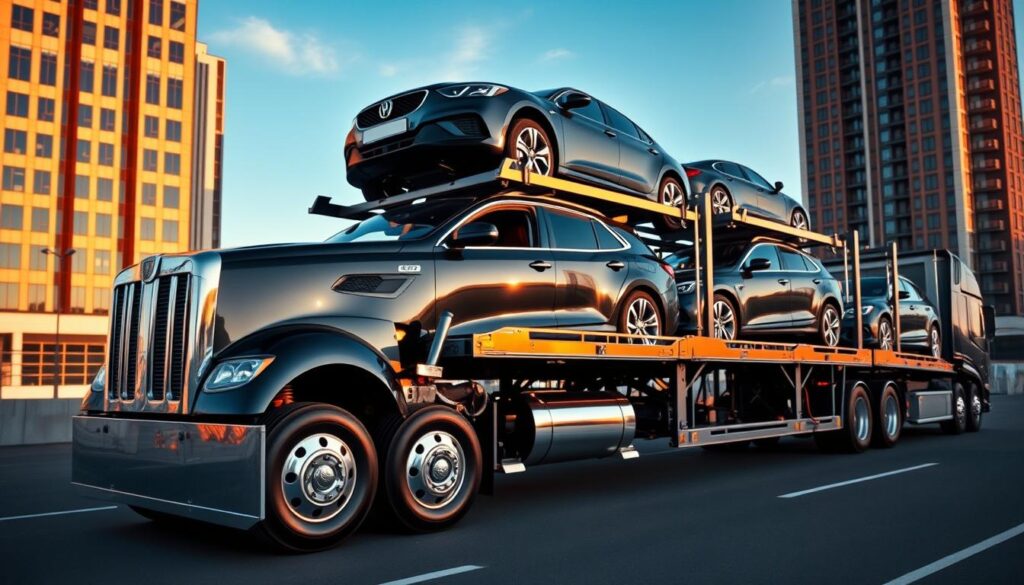 A professional, licensed, and bonded auto transport service provider, operating a fleet of well-maintained, insured carriers. The scene depicts a modern, state-of-the-art car carrier truck in the foreground, its metallic chassis gleaming under warm, diffused lighting. In the middle ground, a row of expertly secured vehicles rests atop the carrier, their glossy exteriors reflecting the surrounding environment. The background features a clean, uncluttered urban landscape, with tall buildings and a clear, blue sky, conveying a sense of reliability, professionalism, and customer-first service. A professional, licensed, and bonded auto transport service provider, operating a fleet of well-maintained, insured carriers. The scene depicts a modern, state-of-the-art car carrier truck in the foreground, its metallic chassis gleaming under warm, diffused lighting. In the middle ground, a row of expertly secured vehicles rests atop the carrier, their glossy exteriors reflecting the surrounding environment. The background features a clean, uncluttered urban landscape, with tall buildings and a clear, blue sky, conveying a sense of reliability, professionalism, and customer-first service.