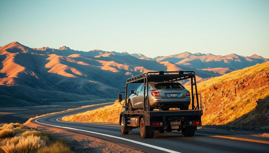 A rugged, well-equipped car transport truck navigates the winding roads of Wyoming's vast, picturesque landscape. In the foreground, the truck's sturdy frame and secure loading mechanisms convey a sense of reliability and attention to detail. In the middle ground, the surrounding mountainous terrain is bathed in warm, golden light, creating a serene and majestic atmosphere. In the distant background, a clear blue sky stretches out, hinting at the wide-open spaces that characterize this region. The scene evokes a strong sense of trust, expertise, and the careful handling of valuable vehicles during the transport process. A rugged, well-equipped car transport truck navigates the winding roads of Wyoming's vast, picturesque landscape. In the foreground, the truck's sturdy frame and secure loading mechanisms convey a sense of reliability and attention to detail. In the middle ground, the surrounding mountainous terrain is bathed in warm, golden light, creating a serene and majestic atmosphere. In the distant background, a clear blue sky stretches out, hinting at the wide-open spaces that characterize this region. The scene evokes a strong sense of trust, expertise, and the careful handling of valuable vehicles during the transport process.