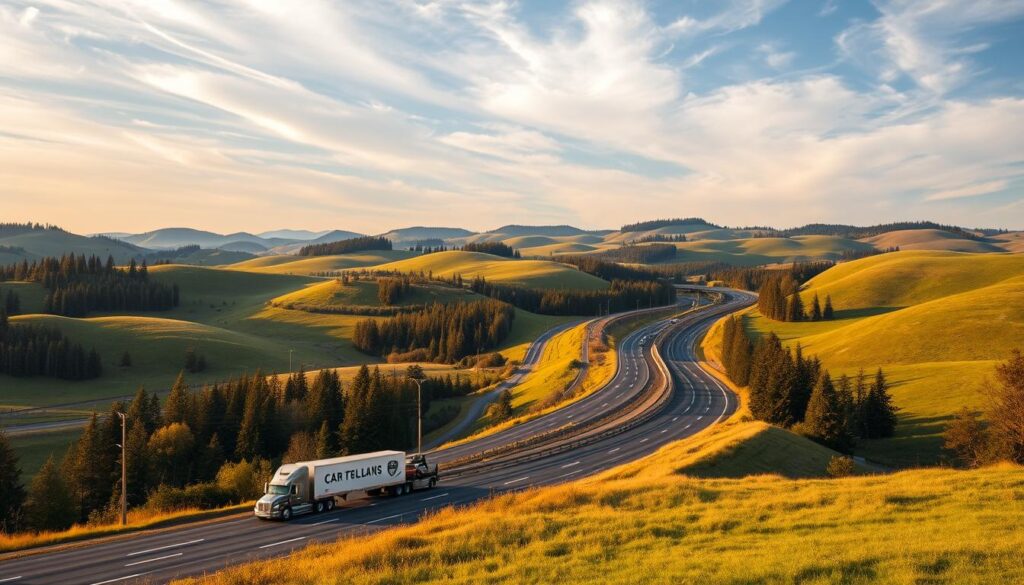 A scenic landscape of Oregon's rolling hills and lush greenery, with a prominent interstate highway cutting through the middle. In the foreground, a car carrier truck navigates the winding roads, its trailer loaded with automobiles destined for delivery. The sky is filled with wispy clouds, casting a warm, golden glow over the scene. The composition emphasizes the ease and efficiency of auto transport in this picturesque region, where the infrastructure and natural beauty seamlessly converge to create an ideal setting for reliable car shipping. The image captures the essence of why Oregon City is an optimal location for automotive transport, showcasing the region's accessibility, scenic charm, and transport-friendly environment. A scenic landscape of Oregon's rolling hills and lush greenery, with a prominent interstate highway cutting through the middle. In the foreground, a car carrier truck navigates the winding roads, its trailer loaded with automobiles destined for delivery. The sky is filled with wispy clouds, casting a warm, golden glow over the scene. The composition emphasizes the ease and efficiency of auto transport in this picturesque region, where the infrastructure and natural beauty seamlessly converge to create an ideal setting for reliable car shipping. The image captures the essence of why Oregon City is an optimal location for automotive transport, showcasing the region's accessibility, scenic charm, and transport-friendly environment.