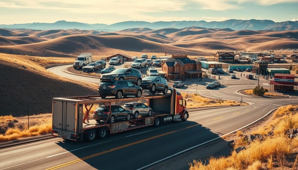 A scenic landscape of rolling hills and open skies, the town of Bar Nunn, Wyoming serves as the backdrop for a dynamic auto transport scene. In the foreground, a sleek, modern car carrier truck navigates the winding roads, its trailer loaded with a diverse array of shiny, new vehicles ready for delivery. The mid-ground features the vibrant town center, with its quaint buildings and bustling activity, creating a sense of community and commerce. Warm, golden sunlight bathes the entire scene, casting long shadows and highlighting the rugged terrain. The overall mood is one of efficiency, progress, and the thriving auto industry that has found a home in this picturesque Wyoming town. A scenic landscape of rolling hills and open skies, the town of Bar Nunn, Wyoming serves as the backdrop for a dynamic auto transport scene. In the foreground, a sleek, modern car carrier truck navigates the winding roads, its trailer loaded with a diverse array of shiny, new vehicles ready for delivery. The mid-ground features the vibrant town center, with its quaint buildings and bustling activity, creating a sense of community and commerce. Warm, golden sunlight bathes the entire scene, casting long shadows and highlighting the rugged terrain. The overall mood is one of efficiency, progress, and the thriving auto industry that has found a home in this picturesque Wyoming town.