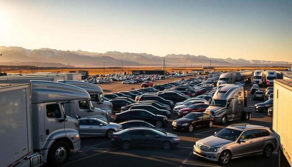 A scenic vista of a bustling car shipping lot in Gillette, Wyoming. In the foreground, a fleet of gleaming, freshly washed transport trucks load and unload vehicles with precision. In the middle ground, rows of cars in various makes and models await their journey, their reflections shimmering in the sunlight. The background features the rugged, snow-capped Bighorn Mountains, casting a majestic backdrop to the transportation hub. Diffused, golden-hour lighting washes over the scene, creating a warm, inviting atmosphere. The image conveys the reliability, convenience, and trustworthiness of the auto transport services in this thriving Gillette community. A scenic vista of a bustling car shipping lot in Gillette, Wyoming. In the foreground, a fleet of gleaming, freshly washed transport trucks load and unload vehicles with precision. In the middle ground, rows of cars in various makes and models await their journey, their reflections shimmering in the sunlight. The background features the rugged, snow-capped Bighorn Mountains, casting a majestic backdrop to the transportation hub. Diffused, golden-hour lighting washes over the scene, creating a warm, inviting atmosphere. The image conveys the reliability, convenience, and trustworthiness of the auto transport services in this thriving Gillette community.