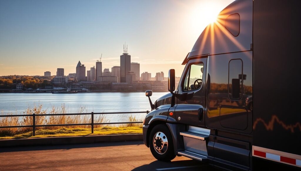 A secure auto transport truck stands prominently in the foreground, its glossy surface reflecting the sun's rays. In the middle ground, a picturesque Ogdensburg city skyline emerges, with the St. Lawrence River glistening in the background. The scene is bathed in warm, golden lighting, conveying a sense of reliability and trust. The truck's sturdy frame and attention to detail suggest the high-quality, dependable service offered by the local auto transport provider. The overall composition captures the essence of Ogdensburg's trusted, secure, and efficient car shipping solutions.