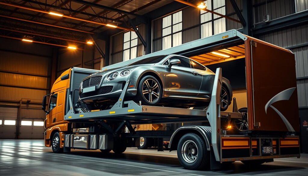 A secure, well-lit auto transport truck transporting a sleek, luxury sedan on a multi-level car carrier. The truck is painted in a bold, metallic color with prominent safety features and branding. The sedan is positioned prominently in the center, its gleaming finish reflecting the surrounding environment. In the background, a modern, industrial warehouse setting with high ceilings and steel beams sets the stage for a professional, high-quality transportation service. Warm, directional lighting casts dramatic shadows, emphasizing the solidity and reliability of the transport operation. The overall scene conveys a sense of safety, security, and attention to detail in the premium auto shipping experience. A secure, well-lit auto transport truck transporting a sleek, luxury sedan on a multi-level car carrier. The truck is painted in a bold, metallic color with prominent safety features and branding. The sedan is positioned prominently in the center, its gleaming finish reflecting the surrounding environment. In the background, a modern, industrial warehouse setting with high ceilings and steel beams sets the stage for a professional, high-quality transportation service. Warm, directional lighting casts dramatic shadows, emphasizing the solidity and reliability of the transport operation. The overall scene conveys a sense of safety, security, and attention to detail in the premium auto shipping experience.