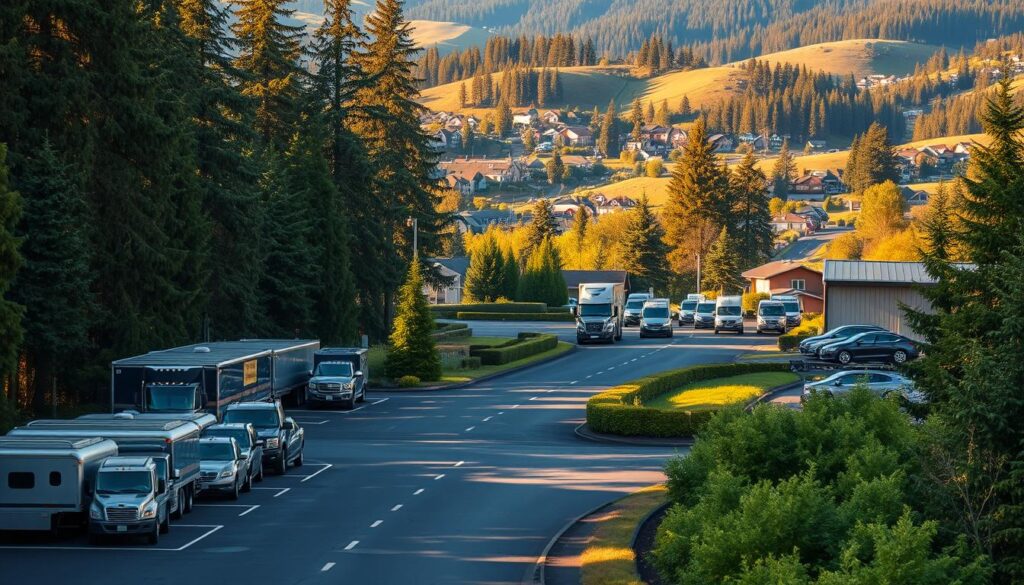 A serene auto transport terminal nestled in the lush forests of West Linn, Oregon. In the foreground, a fleet of gleaming car carriers gently unload their precious cargo onto the loading docks, their chrome accents sparkling in the warm afternoon sunlight. The middle ground features a well-maintained access road, flanked by towering evergreens and verdant undergrowth, leading up to the main facility. In the background, the rolling hills of the Willamette Valley provide a picturesque backdrop, their slopes dotted with quaint residential neighborhoods. The scene exudes a sense of professionalism, reliability, and the peaceful coexistence of industry and nature that defines the car shipping services offered in West Linn. A serene auto transport terminal nestled in the lush forests of West Linn, Oregon. In the foreground, a fleet of gleaming car carriers gently unload their precious cargo onto the loading docks, their chrome accents sparkling in the warm afternoon sunlight. The middle ground features a well-maintained access road, flanked by towering evergreens and verdant undergrowth, leading up to the main facility. In the background, the rolling hills of the Willamette Valley provide a picturesque backdrop, their slopes dotted with quaint residential neighborhoods. The scene exudes a sense of professionalism, reliability, and the peaceful coexistence of industry and nature that defines the car shipping services offered in West Linn.