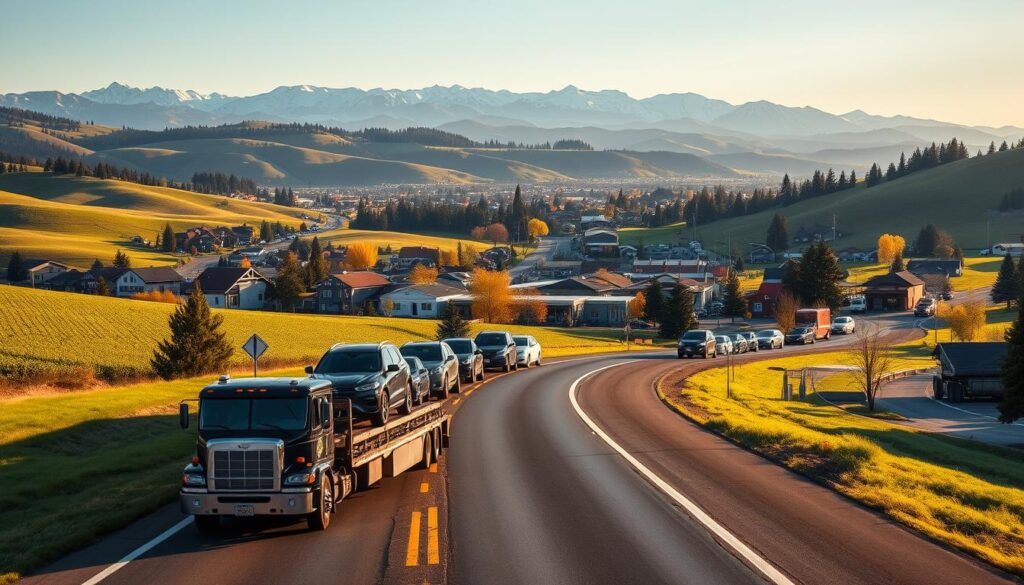 A serene highway cutting through the lush, rolling hills of La Grande, Washington. In the foreground, a meticulously detailed car carrier transports a fleet of gleaming automobiles, their freshly waxed exteriors reflecting the warm afternoon sun. The middle ground showcases the bustling town of La Grande, its quaint buildings and tree-lined streets creating a charming, small-town atmosphere. In the distance, the majestic Cascade Mountains loom, their snow-capped peaks adding a touch of grandeur to the scene. The image is bathed in a soft, golden light, conveying a sense of reliability, professionalism, and the trusted, door-to-door car shipping services offered in this picturesque Pacific Northwest locale. A serene highway cutting through the lush, rolling hills of La Grande, Washington. In the foreground, a meticulously detailed car carrier transports a fleet of gleaming automobiles, their freshly waxed exteriors reflecting the warm afternoon sun. The middle ground showcases the bustling town of La Grande, its quaint buildings and tree-lined streets creating a charming, small-town atmosphere. In the distance, the majestic Cascade Mountains loom, their snow-capped peaks adding a touch of grandeur to the scene. The image is bathed in a soft, golden light, conveying a sense of reliability, professionalism, and the trusted, door-to-door car shipping services offered in this picturesque Pacific Northwest locale.