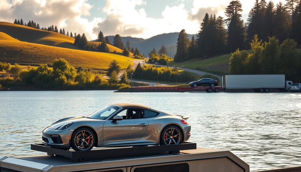 A serene lake nestled in the picturesque town of Lake Oswego, with a contrast of open and enclosed transport options. In the foreground, a classic sports car sits atop a sleek car transport trailer, its glossy finish reflecting the tranquil waters. In the middle ground, a large enclosed car carrier navigates the winding roads leading to the lakeside, its cargo of luxury vehicles securely protected. In the background, the lush, rolling hills and towering trees create a picturesque natural backdrop, bathed in warm, golden light filtering through wispy clouds. The scene exudes a sense of sophistication, efficiency, and the perfect balance between open and enclosed transport solutions for the discerning car enthusiast in Lake Oswego. A serene lake nestled in the picturesque town of Lake Oswego, with a contrast of open and enclosed transport options. In the foreground, a classic sports car sits atop a sleek car transport trailer, its glossy finish reflecting the tranquil waters. In the middle ground, a large enclosed car carrier navigates the winding roads leading to the lakeside, its cargo of luxury vehicles securely protected. In the background, the lush, rolling hills and towering trees create a picturesque natural backdrop, bathed in warm, golden light filtering through wispy clouds. The scene exudes a sense of sophistication, efficiency, and the perfect balance between open and enclosed transport solutions for the discerning car enthusiast in Lake Oswego.
