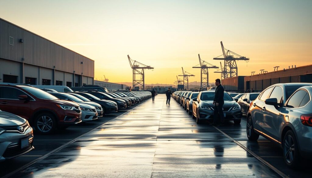 A serene landscape showcasing a bustling car shipping facility in Longview, Washington. In the foreground, a fleet of gleaming vehicles awaits transport, their vibrant colors reflected in the polished surface of the loading docks. In the middle ground, skilled workers efficiently load and secure the cars, their movements captured in a dynamic, cinematic composition. The background is dominated by the towering cranes and warehouses of the shipping yard, their industrial silhouettes set against a warm, golden-hued sky, evoking a sense of productivity and efficiency. The overall scene is illuminated by soft, diffused lighting, creating a sense of tranquility and professionalism that encapsulates the reliable car shipping and auto transport services offered in Longview. A serene landscape showcasing a bustling car shipping facility in Longview, Washington. In the foreground, a fleet of gleaming vehicles awaits transport, their vibrant colors reflected in the polished surface of the loading docks. In the middle ground, skilled workers efficiently load and secure the cars, their movements captured in a dynamic, cinematic composition. The background is dominated by the towering cranes and warehouses of the shipping yard, their industrial silhouettes set against a warm, golden-hued sky, evoking a sense of productivity and efficiency. The overall scene is illuminated by soft, diffused lighting, creating a sense of tranquility and professionalism that encapsulates the reliable car shipping and auto transport services offered in Longview.