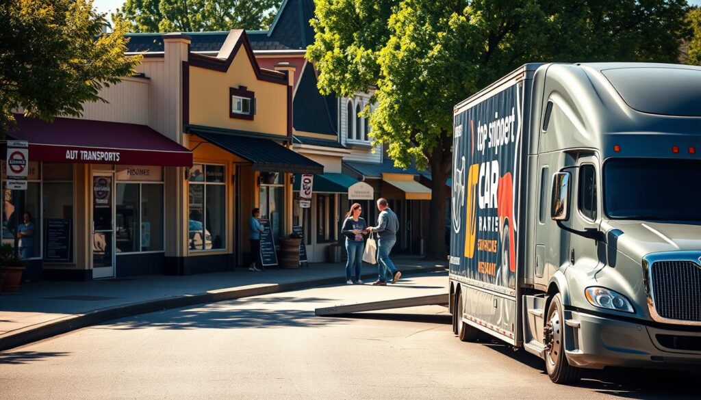 A serene, sun-dappled street in Kelso, Washington, showcasing the storefronts of top-rated car shipping services. The foreground features a modern, sleek car hauler truck with the logo of a reputable auto transport company prominently displayed. In the middle ground, customers interact with friendly staff, discussing transport options and pricing. The background depicts the quaint, historic architecture of the town, creating a welcoming atmosphere. The lighting is warm and natural, highlighting the attention to detail and professionalism of the businesses. The overall composition conveys the reliability, convenience, and customer-centric approach of the leading car shipping services in Kelso. A serene, sun-dappled street in Kelso, Washington, showcasing the storefronts of top-rated car shipping services. The foreground features a modern, sleek car hauler truck with the logo of a reputable auto transport company prominently displayed. In the middle ground, customers interact with friendly staff, discussing transport options and pricing. The background depicts the quaint, historic architecture of the town, creating a welcoming atmosphere. The lighting is warm and natural, highlighting the attention to detail and professionalism of the businesses. The overall composition conveys the reliability, convenience, and customer-centric approach of the leading car shipping services in Kelso.