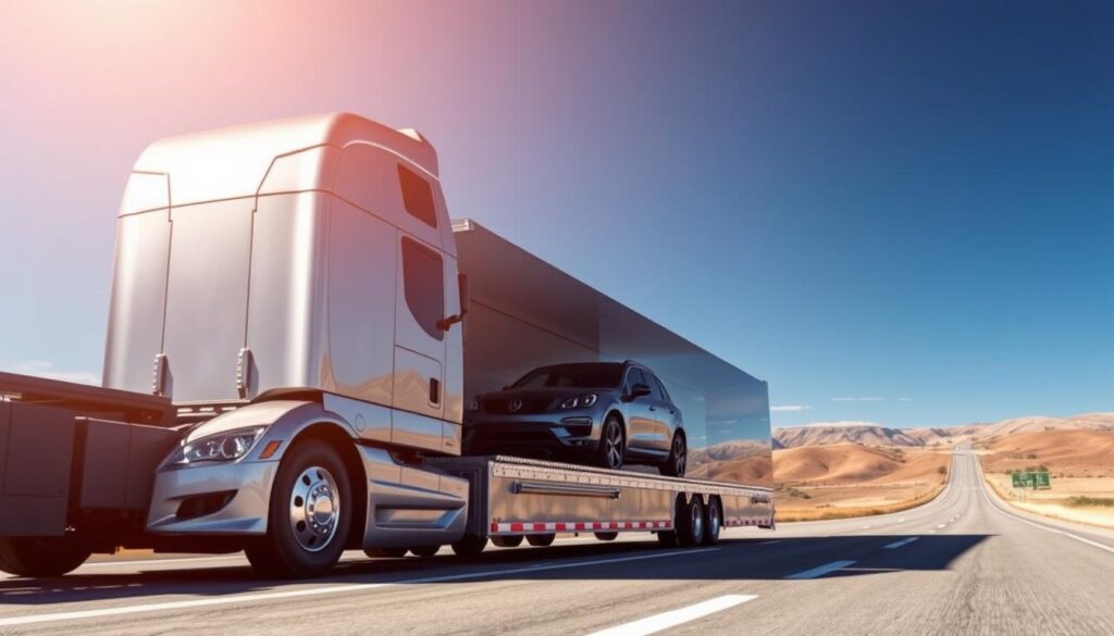 A sleek and modern auto transport truck, its silvery exterior gleaming under the sun's warm rays. The cab's cab design is streamlined, with sharp edges and a powerful presence. In the middle ground, the trailer is spacious, with reinforced walls and a secure locking mechanism to ensure the safe transport of multiple vehicles. In the background, a sprawling highway stretches out, with rolling hills and a clear blue sky, conveying a sense of efficiency, reliability, and the journey ahead. The overall scene exudes a professional, trustworthy, and high-quality vibe, perfectly capturing the essence of a reputable auto transport company. A sleek and modern auto transport truck, its silvery exterior gleaming under the sun's warm rays. The cab's cab design is streamlined, with sharp edges and a powerful presence. In the middle ground, the trailer is spacious, with reinforced walls and a secure locking mechanism to ensure the safe transport of multiple vehicles. In the background, a sprawling highway stretches out, with rolling hills and a clear blue sky, conveying a sense of efficiency, reliability, and the journey ahead. The overall scene exudes a professional, trustworthy, and high-quality vibe, perfectly capturing the essence of a reputable auto transport company.