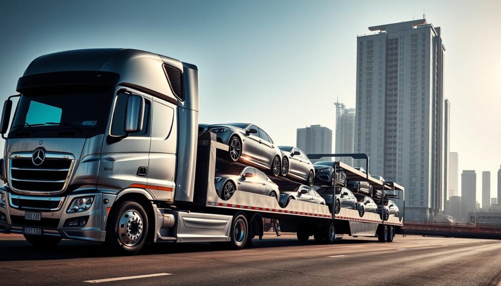 A sleek and modern auto transport truck with a glossy silver exterior, hauling a row of shiny new cars on a multi-level trailer. The scene is set against a backdrop of a bustling urban landscape, with skyscrapers and infrastructure in the distance. The lighting is crisp and directional, casting dramatic shadows and highlights on the vehicles. The camera angle is slightly elevated, providing a dynamic and visually compelling perspective. The overall mood is one of efficiency, professionalism, and the reliable transportation of valuable cargo. A sleek and modern auto transport truck with a glossy silver exterior, hauling a row of shiny new cars on a multi-level trailer. The scene is set against a backdrop of a bustling urban landscape, with skyscrapers and infrastructure in the distance. The lighting is crisp and directional, casting dramatic shadows and highlights on the vehicles. The camera angle is slightly elevated, providing a dynamic and visually compelling perspective. The overall mood is one of efficiency, professionalism, and the reliable transportation of valuable cargo.