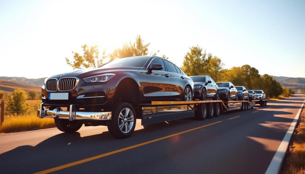 A sleek and modern car carrier transports a row of gleaming vehicles through a sun-dappled countryside. The truck's chrome trim glints in the warm afternoon light, casting long shadows across the smooth asphalt road. In the foreground, a luxury sedan sits atop the carrier, its glossy paint reflecting the lush green trees lining the scenic route. The background features gently rolling hills and a clear blue sky, creating a serene and tranquil atmosphere. The scene conveys a sense of professionalism, care, and reliability in the vehicle transport service. A sleek and modern car carrier transports a row of gleaming vehicles through a sun-dappled countryside. The truck's chrome trim glints in the warm afternoon light, casting long shadows across the smooth asphalt road. In the foreground, a luxury sedan sits atop the carrier, its glossy paint reflecting the lush green trees lining the scenic route. The background features gently rolling hills and a clear blue sky, creating a serene and tranquil atmosphere. The scene conveys a sense of professionalism, care, and reliability in the vehicle transport service.