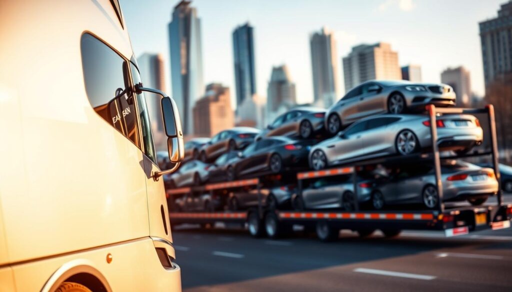 A sleek and modern car shipping truck in the foreground, its metallic surface gleaming under the warm afternoon sun. In the middle ground, neatly stacked vehicles, each model showcasing its distinct design and color. The background blurs into a cityscape of towering skyscrapers and bustling streets, hinting at the efficient transportation network that facilitates the car shipping process. The scene conveys a sense of scale, precision, and the high-tech logistics involved in car shipping, evoking the key factors that shape the Jamestown car shipping cost. A sleek and modern car shipping truck in the foreground, its metallic surface gleaming under the warm afternoon sun. In the middle ground, neatly stacked vehicles, each model showcasing its distinct design and color. The background blurs into a cityscape of towering skyscrapers and bustling streets, hinting at the efficient transportation network that facilitates the car shipping process. The scene conveys a sense of scale, precision, and the high-tech logistics involved in car shipping, evoking the key factors that shape the Jamestown car shipping cost.