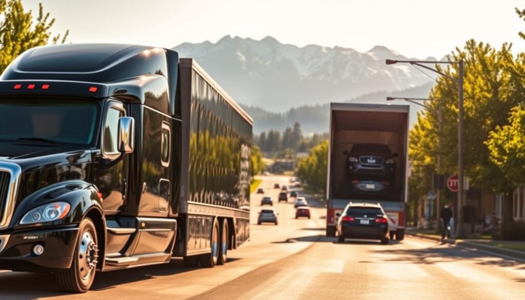 A sleek and modern vehicle transport truck is parked in the foreground, its glossy black exterior gleaming under the warm afternoon sunlight. The truck's trailer is open, revealing a pair of shiny, well-cared-for vehicles securely loaded inside. In the middle ground, a bustling, tree-lined street in Maple Valley, Washington, sets the scene, with pedestrians and other vehicles passing by. The background features a picturesque mountain range, its snow-capped peaks cutting a majestic silhouette against the clear blue sky. The overall atmosphere conveys a sense of professionalism, reliability, and trust in the local auto transport services. A sleek and modern vehicle transport truck is parked in the foreground, its glossy black exterior gleaming under the warm afternoon sunlight. The truck's trailer is open, revealing a pair of shiny, well-cared-for vehicles securely loaded inside. In the middle ground, a bustling, tree-lined street in Maple Valley, Washington, sets the scene, with pedestrians and other vehicles passing by. The background features a picturesque mountain range, its snow-capped peaks cutting a majestic silhouette against the clear blue sky. The overall atmosphere conveys a sense of professionalism, reliability, and trust in the local auto transport services.